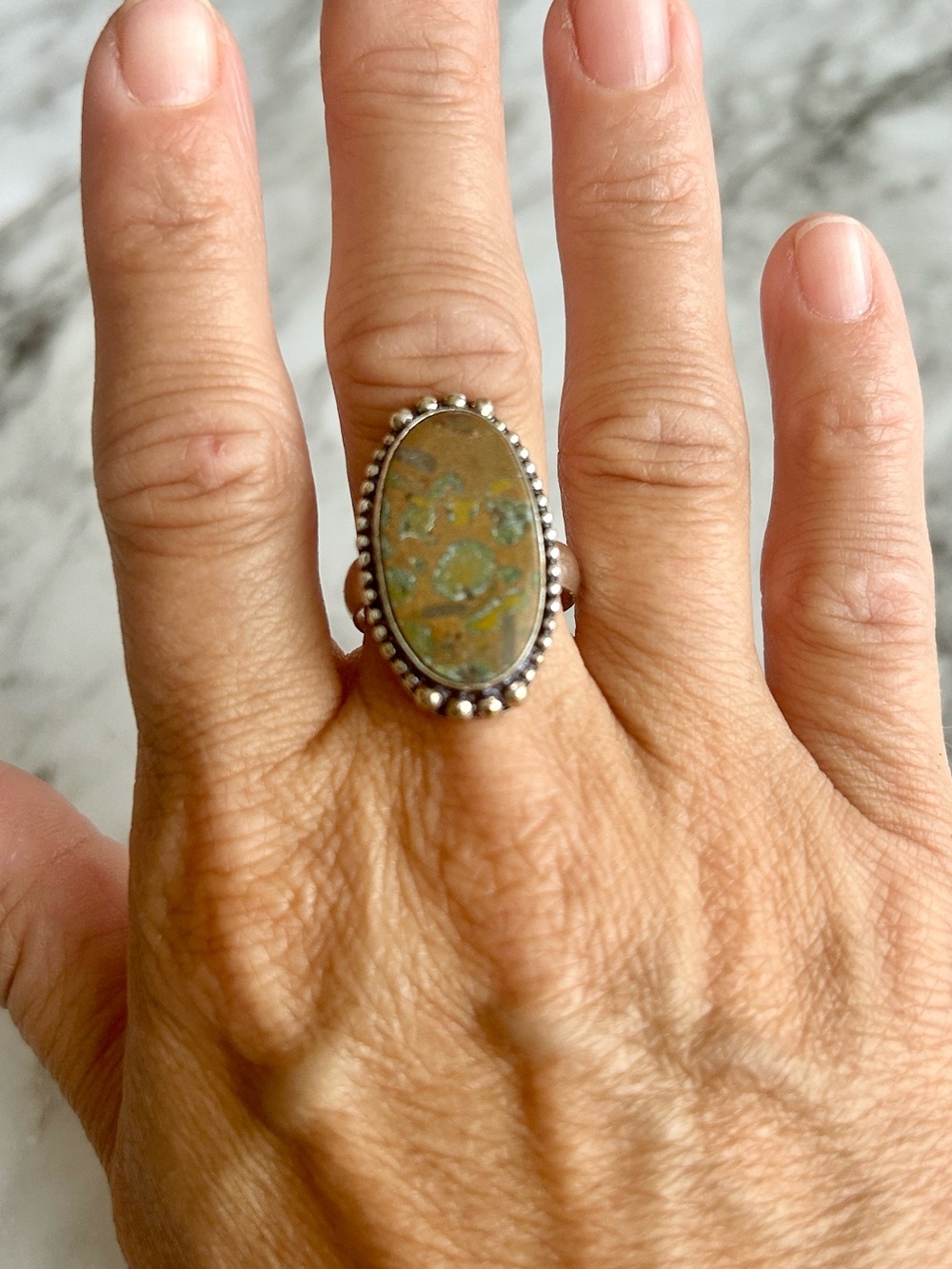 Handmade Sterling Silver with unknown stone possibly Royston Turquoise size 9